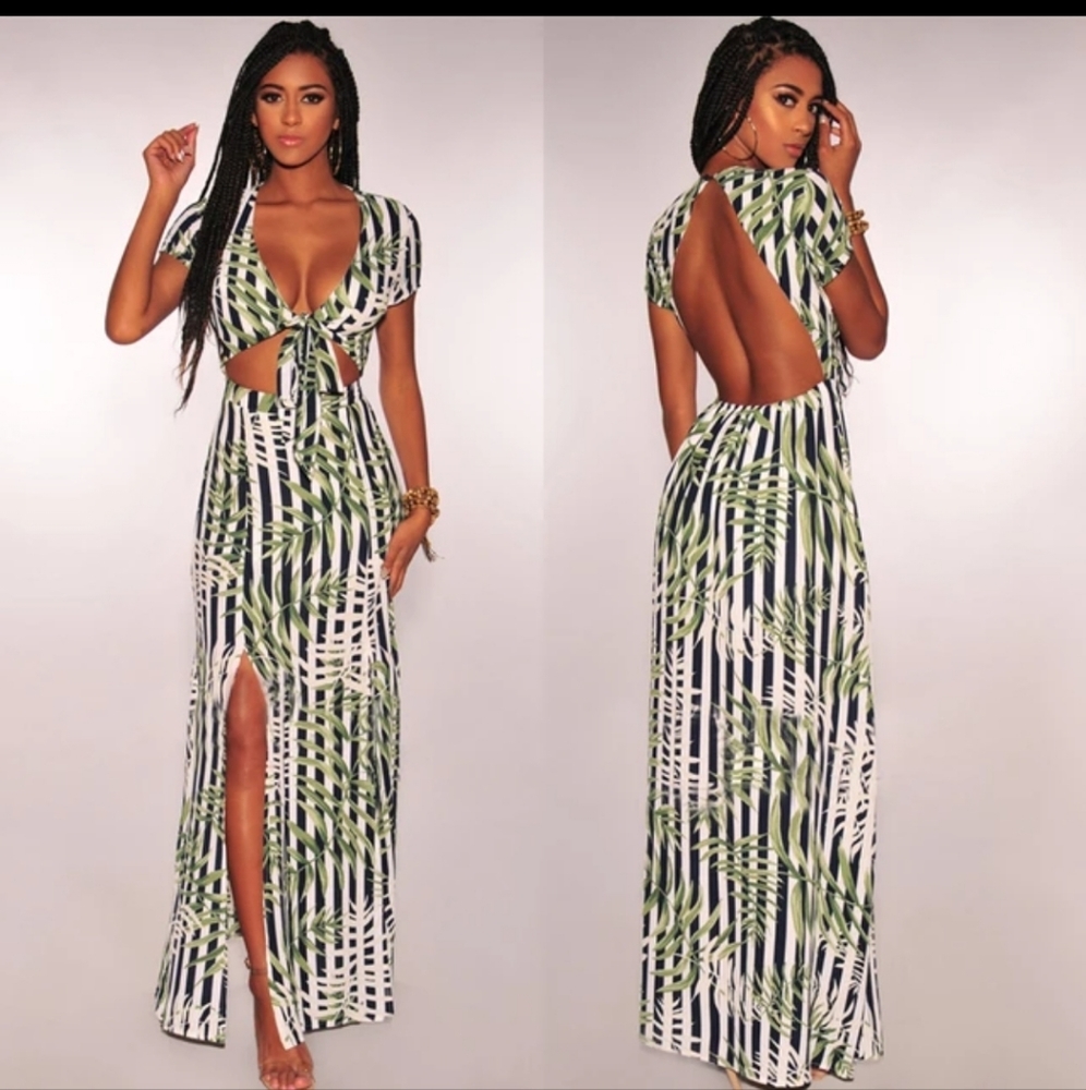 Blithe  tropical print rompers /maxidress backless sexyback vacation dre…